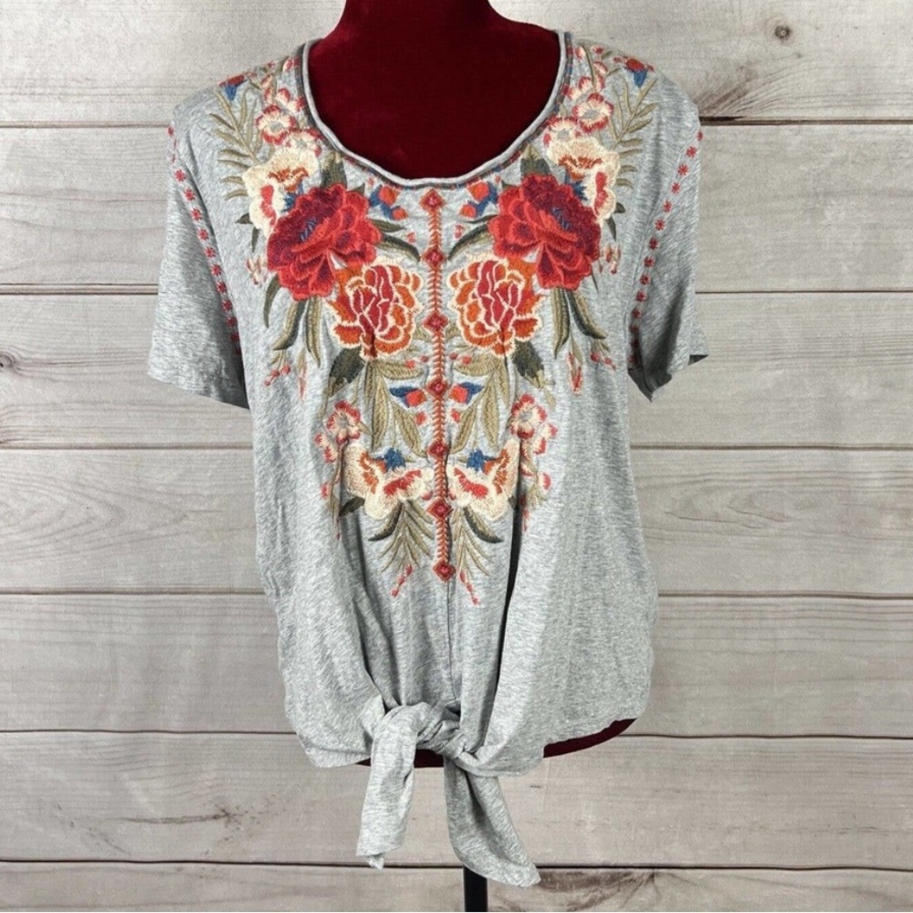 Johnny Was Embroidered Floral Short Sleeve Front Tie Shirt